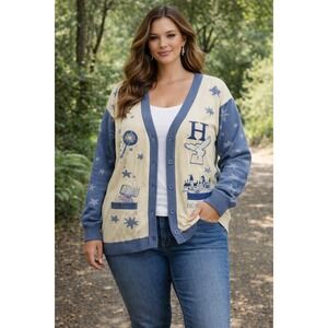 Harry Potter Cardigan Sweater Womens 2X Blue Hogwarts Icon All Over Print Knit